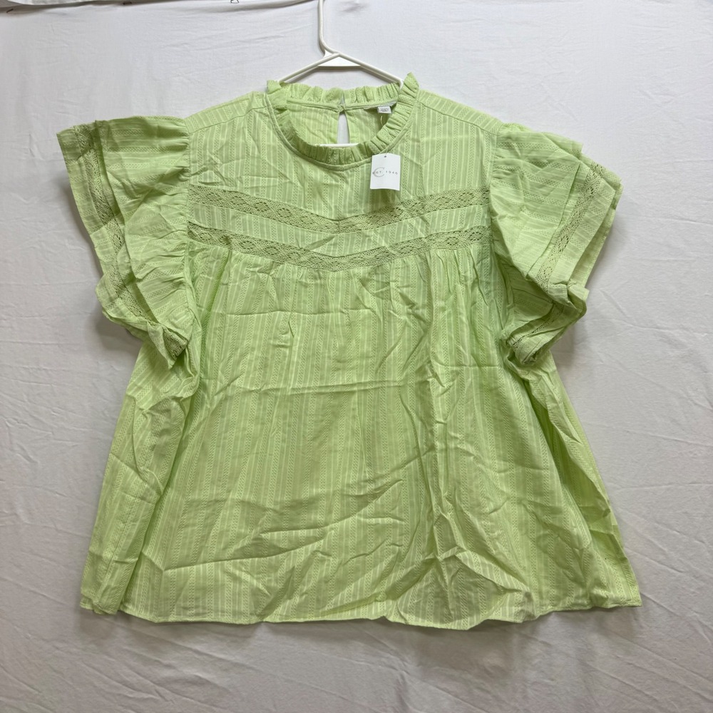 Cato Island Time Butterfly Lime Green Cotton Lace Flutter Sleeve Top 26/28W NEW